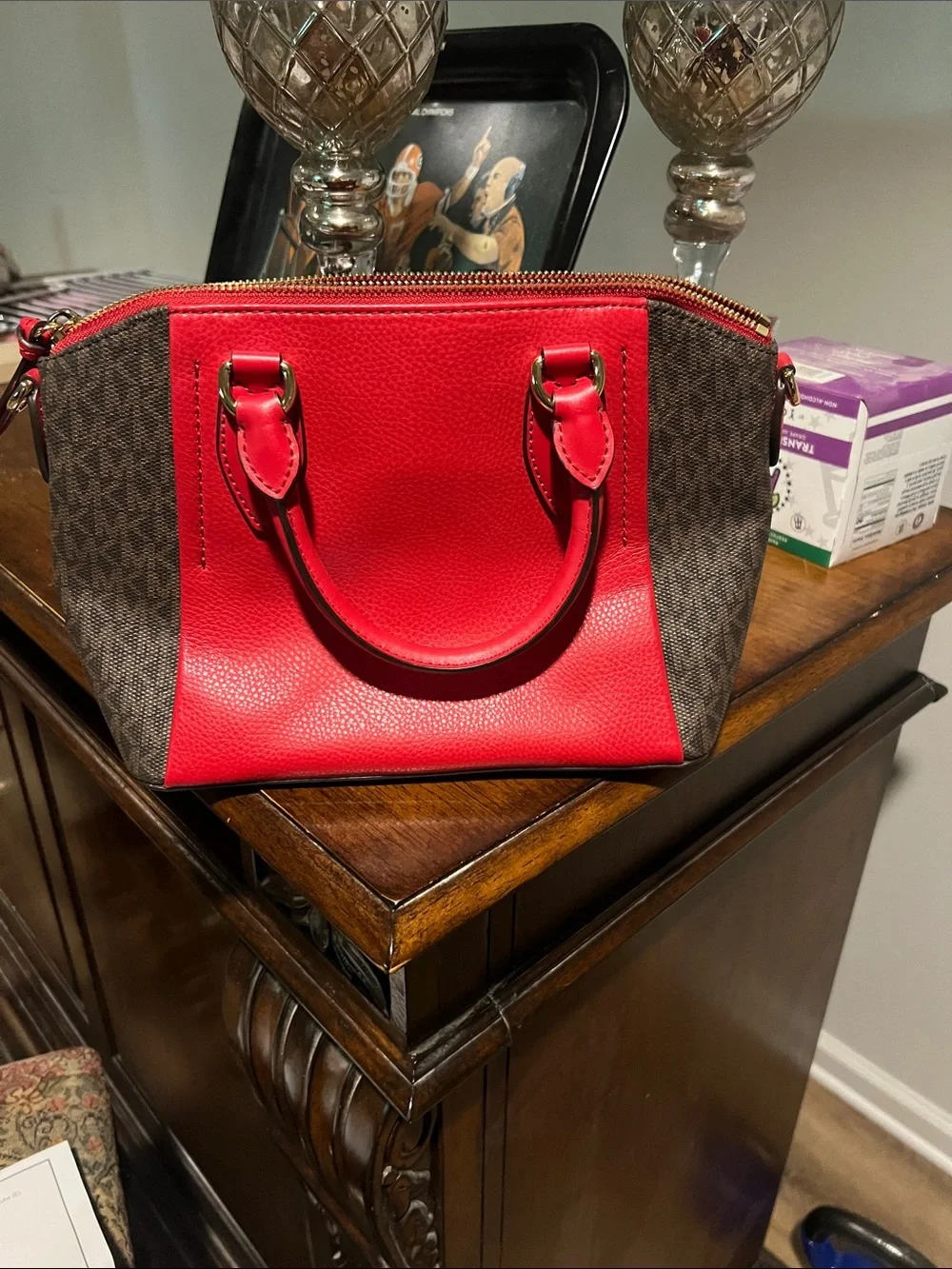 Michael Kors Red and Brown Studded Satchel - Picture 3 of 3